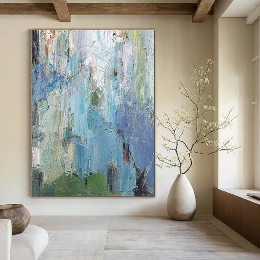 Blue & Green Textured Abstraction - Impasto - Style Abstract Painting On Canvas CT2262