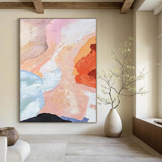 “Soft - Toned Abstraction” - Pink, Blue, Peach Gentle Shapes Painting On Canvas DTP275