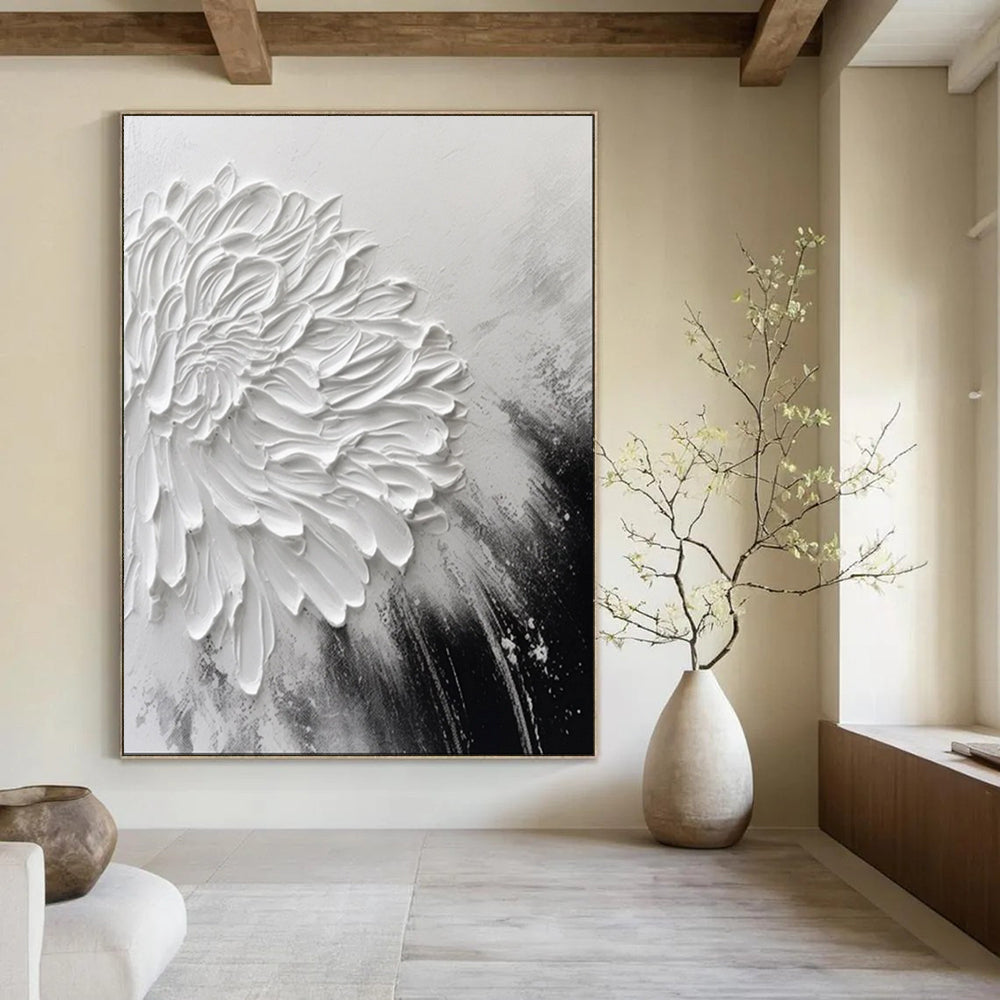 “3D White Flower on Monochrome” – Textured Floral Painting On Canvas CT2105