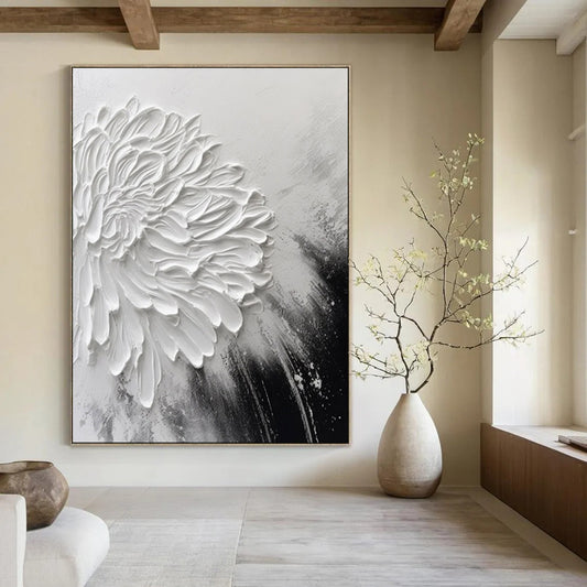 “3D White Flower on Monochrome” – Textured Floral Painting On Canvas CT2105
