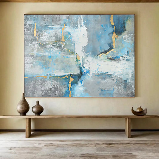 “Blue & Gold Abstract Flow” - Blue, Gray, Gold Abstract Expressionist Painting On Canvas DKH756