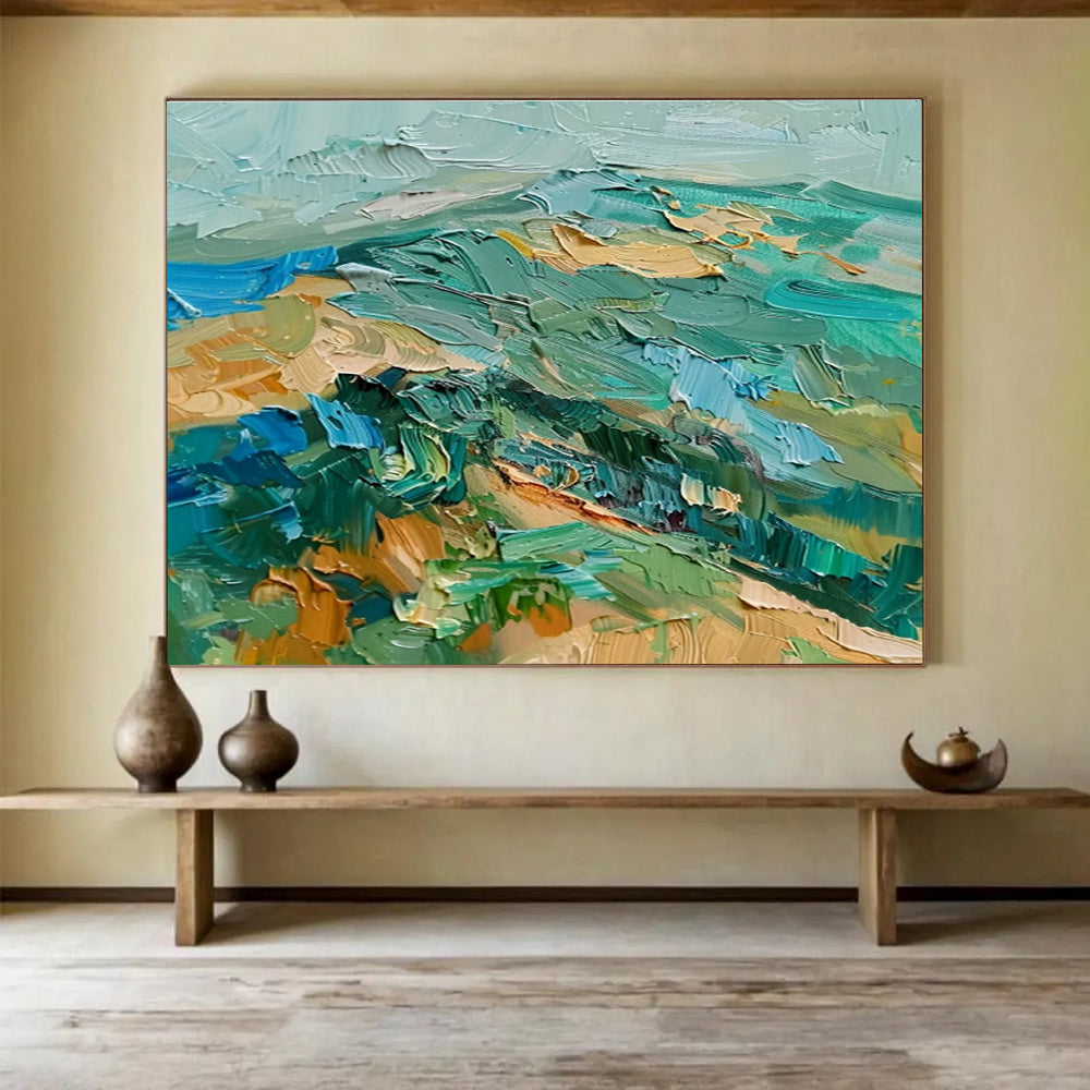 “Turquoise & Green Textured Landscape” Impasto Oil Painting On Canvas DKH341