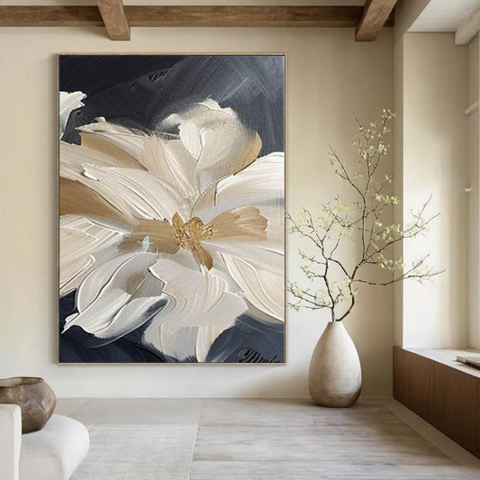 “Textured Beige - White Floral on Black (Close - up)” – Impasto Floral Painting CT1092