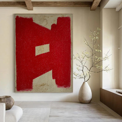 “Red Geometric Shape on Beige” - Minimalist Abstract Painting On Canvas DKH1076