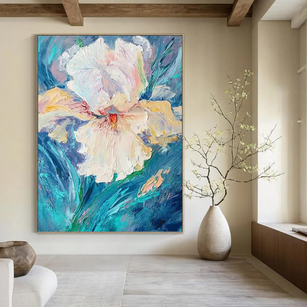 “Textured White Flower on Blue” - White, Pink & Blue Impasto Floral Painting On Canvas DKH0942