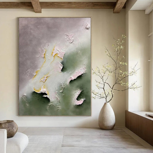 Gray, Green, and Yellow Textured Forms - Abstract Relief Painting CT1225