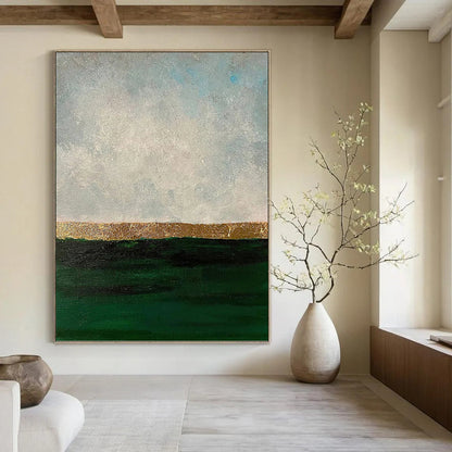 “Gold Horizon Over Green Sea” - Gray, Gold & Green Abstract Seascape Painting On Canvas DKH1206