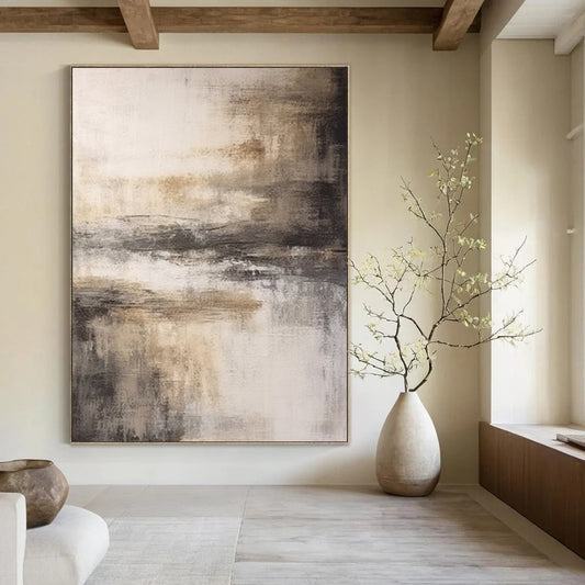 “Gray, Brown, White Abstract Landscape ‘Misty Memory’” - Impasto Landscape Painting On Canvas DTP362