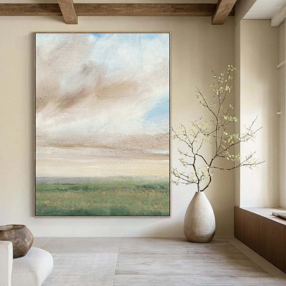 “Softly Blended Sky & Fields” – Watercolor Landscape Painting On Canvas CT2117