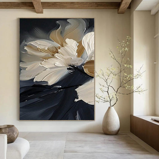 “Textured Beige - White Floral on Black” – Impasto Floral Painting CT1091