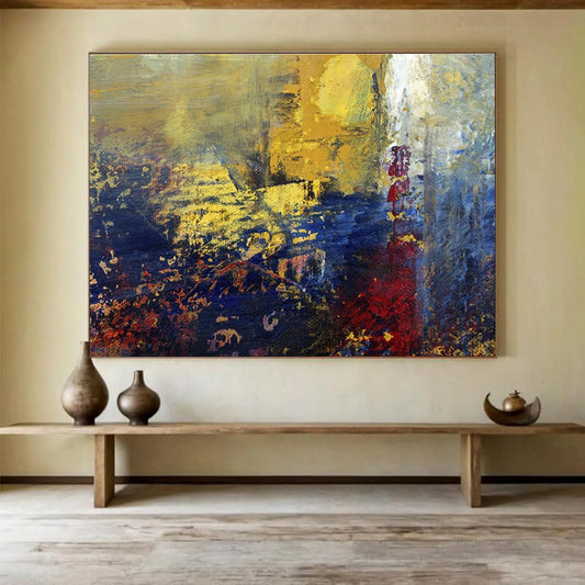 “Golden Dusk Abstraction” - Gold, Blue, Red Abstract Oil Painting On Canvas DKH722