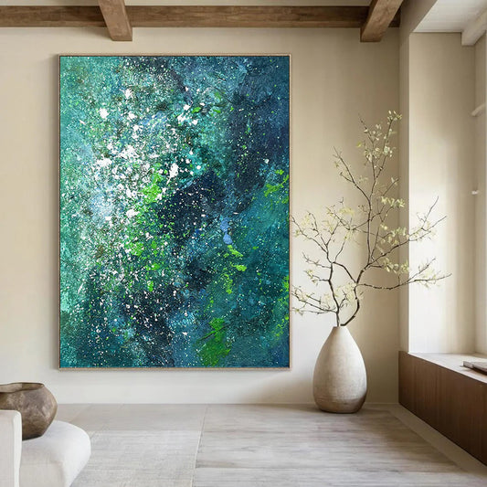 “Teal & Green Abstract Galaxy” - Teal, Green & White Cosmic - Inspired Painting On Canvas DKH1029