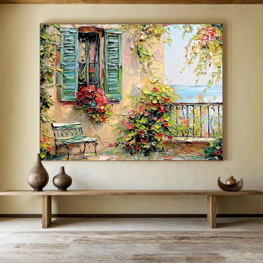 “Mediterranean Escape” - Green, Yellow, Red Floral & Architectural Oil Painting On Canvas DKH692