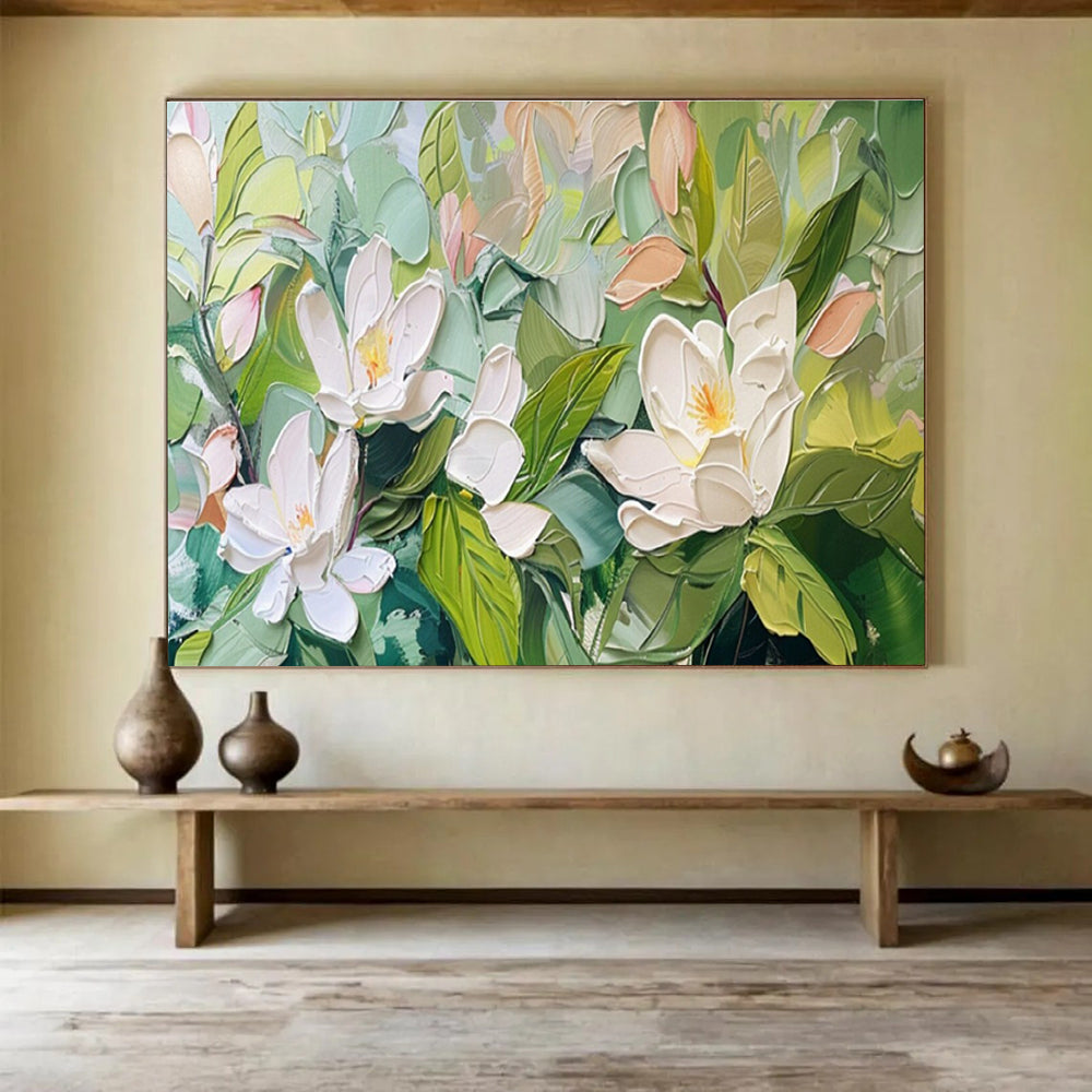 “Impasto White Magnolias” - Delicate Botanical Painting On Canvas DKH836