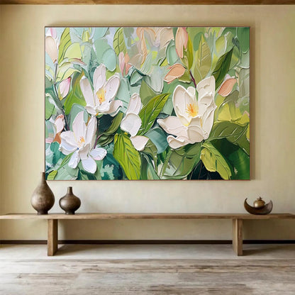 “Impasto White Magnolias” - Delicate Botanical Painting On Canvas DKH836