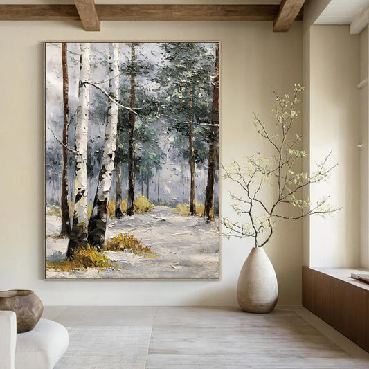 Frosty Forest Path in Cool Tones - Winter Landscape Painting On Canvas DKH1283