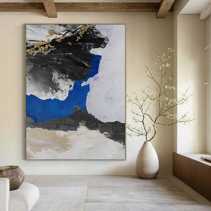 “Black - Blue - Gold Abstract Ink - Inspired” Painting On Canvas DKH1231