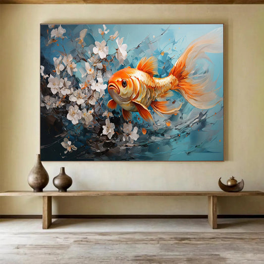 “Goldfish Among White Blossoms” - Blue, Orange, White Realistic Figurative Painting On Canvas DKH764