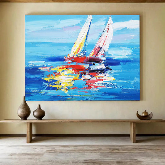 “Vibrant Sailboats at Sea” - Blue, Red & Yellow Impressionist Nautical Painting On Canvas DLZ266