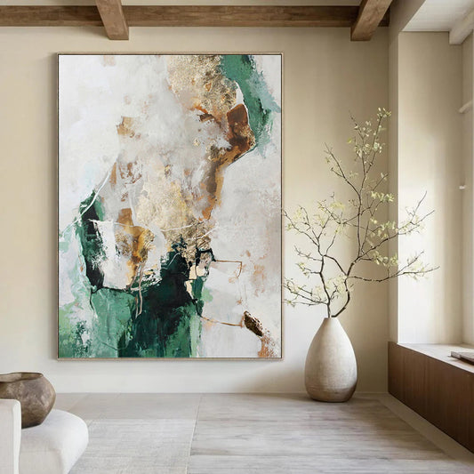 “Green, Gold & White Abstract” - Green, Gold & White Modernist Painting On Canvas DKH1008