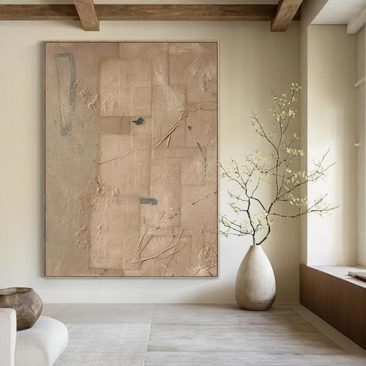“Beige, Gray Textured Collage ‘Earthly Layers’” - Mixed - Media Abstract Painting On Canvas DTP336