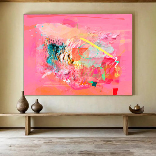 “Pink - Based Abstract Collage - Textured Layers and Colorful Accents” Painting On Canvas DKH028
