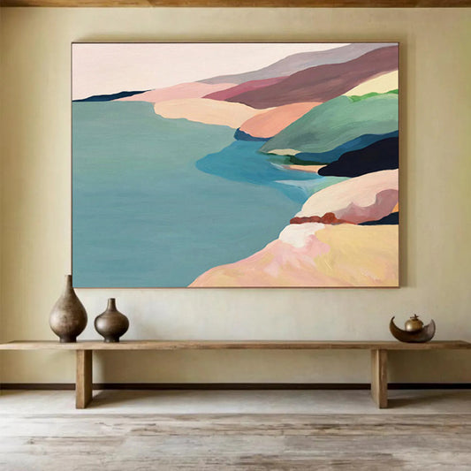 “Pastel Coastal Ridges” - Soft Pink, Blue, Green Minimalist Landscape Painting On Canvas DKH741
