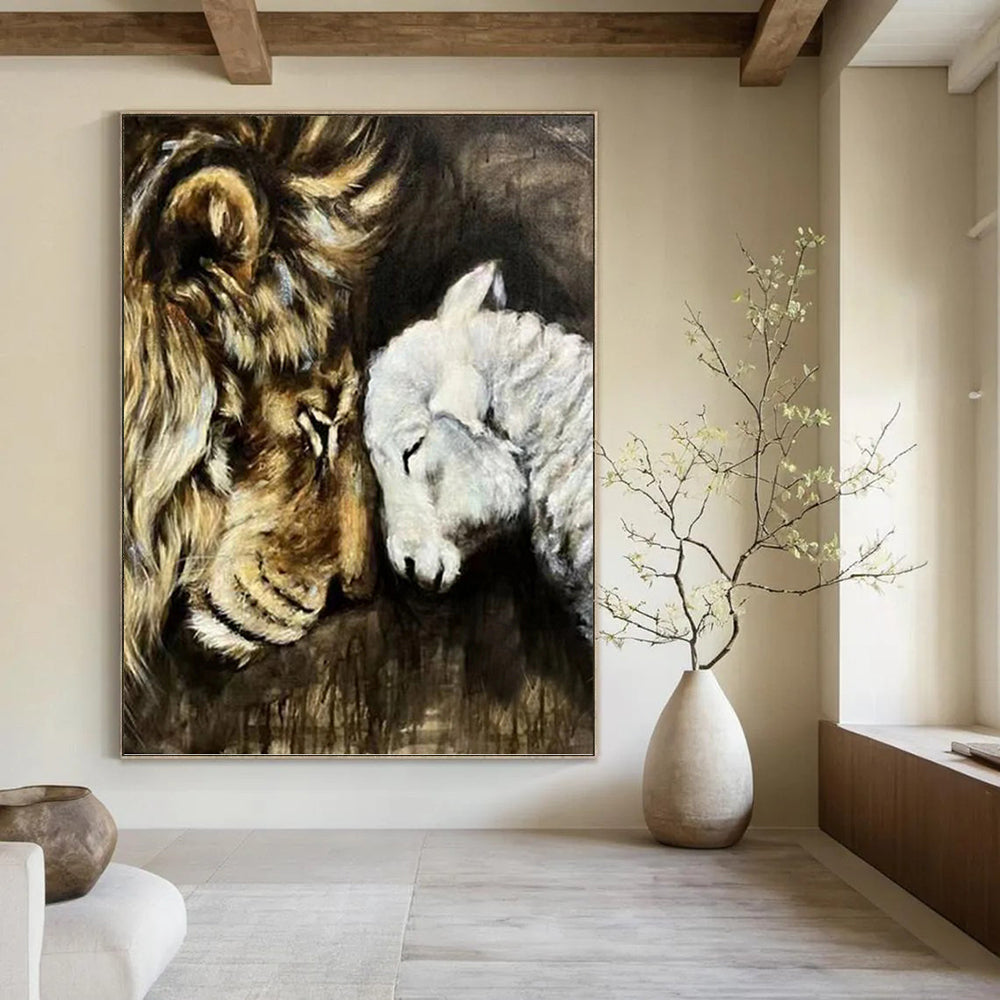 Lion and Lamb in Harmony - Wildlife Painting On Canvas DKH1452