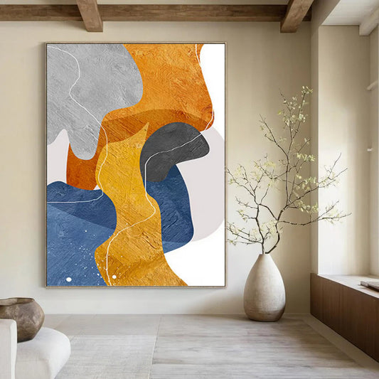 “Color Block Pathways” - Gray, Orange, Yellow & Blue Abstract Shapes Painting On Canvas DKH1550