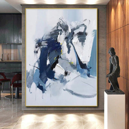 Blue, Gray, White & Yellow Abstract Forms, “Airy Motion” - Impasto Abstract Painting CT0780