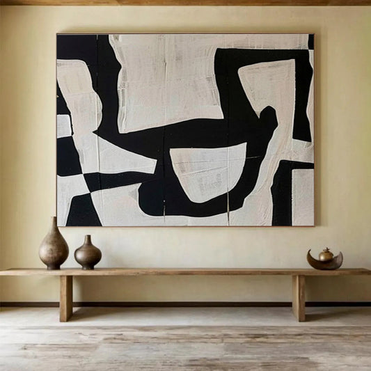 “Black & White Collage Abstraction” - Black, White Minimalist Collage Painting On Canvas DKH745