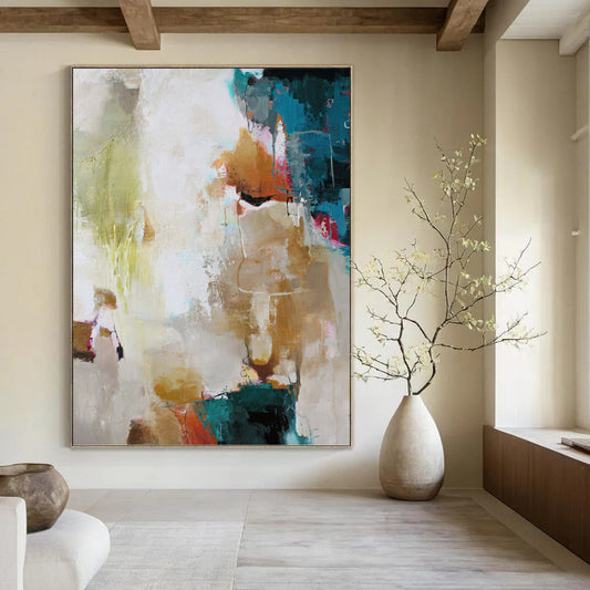 “Colorful Abstract Harmony” - Green, Blue, Gold, Pink & White Vibrant Painting On Canvas DKH1019