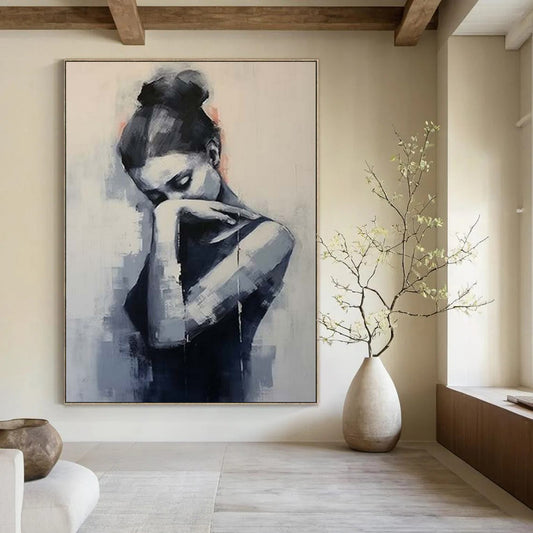 “Contemplative Figure: Monochromatic Abstract Portrait” - Modernist Figurative Acrylic on Canvas CT1910