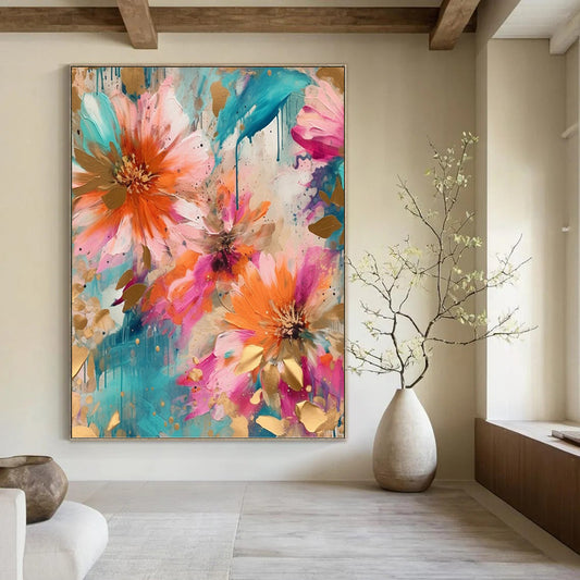 “Teal & Gold Floral Splash with Drips” - Modern Abstract Flower Painting On Canvas DKH1598