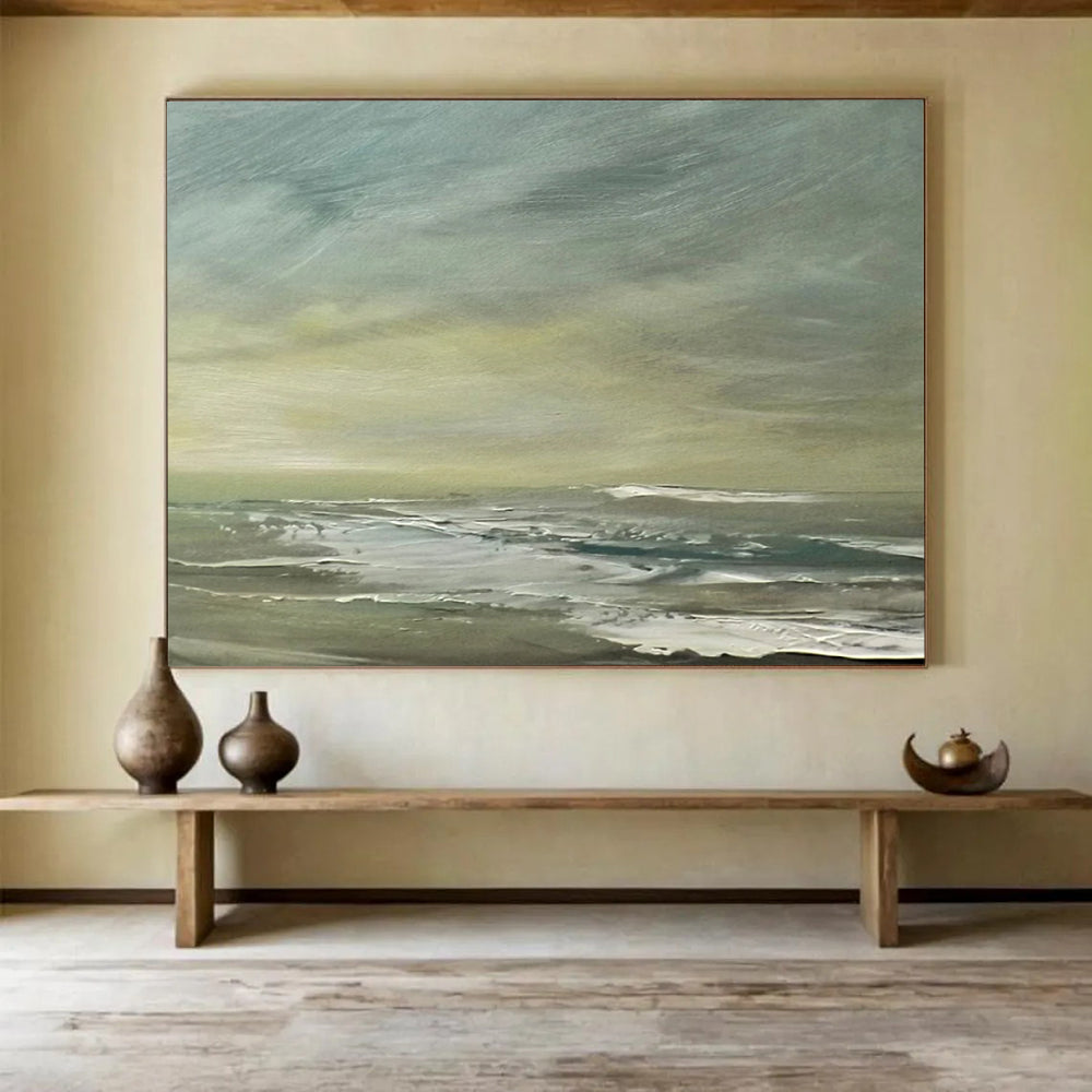 “Green, Gray, Coastal Breeze ‘Muted Shore’” - Impressionist Seascape Painting On Canvas DLZ027