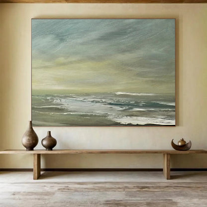 “Green, Gray, Coastal Breeze ‘Muted Shore’” - Impressionist Seascape Painting On Canvas DLZ027
