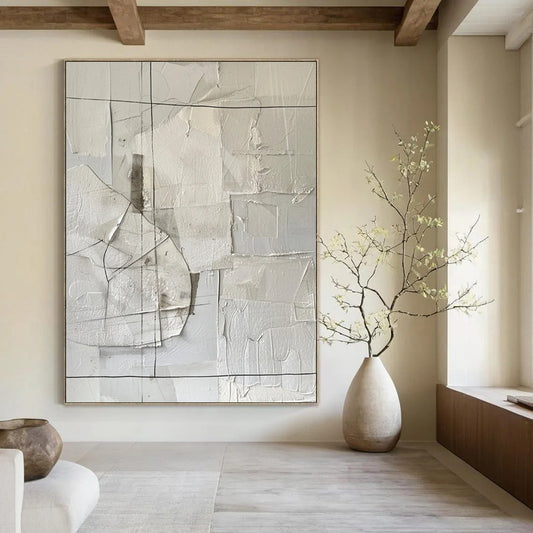 “White Abstract Collage” - Contemporary Mixed - Media Painting On Canvas DTP017