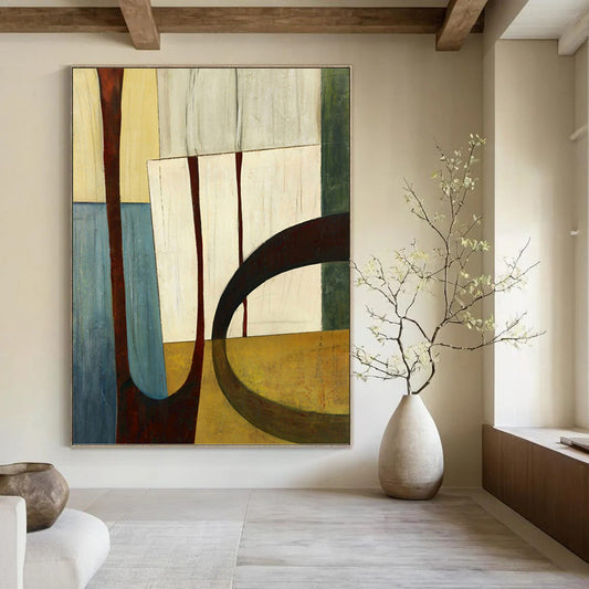 “Geometric Shapes in Earth Tones” - Brown, Beige & Blue Cubist - Inspired Painting On Canvas DKH0949