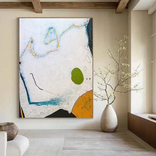 “Textured Abstract with White, Blue, Orange, and Green (Repeated)” - Playful Mixed - Media Painting On Canvas DKH1110
