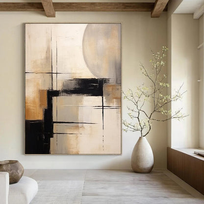 “Black, White, Beige Geometric Abstraction ‘Structured Serenity’” - Textured Abstract Painting On Canvas DTP356