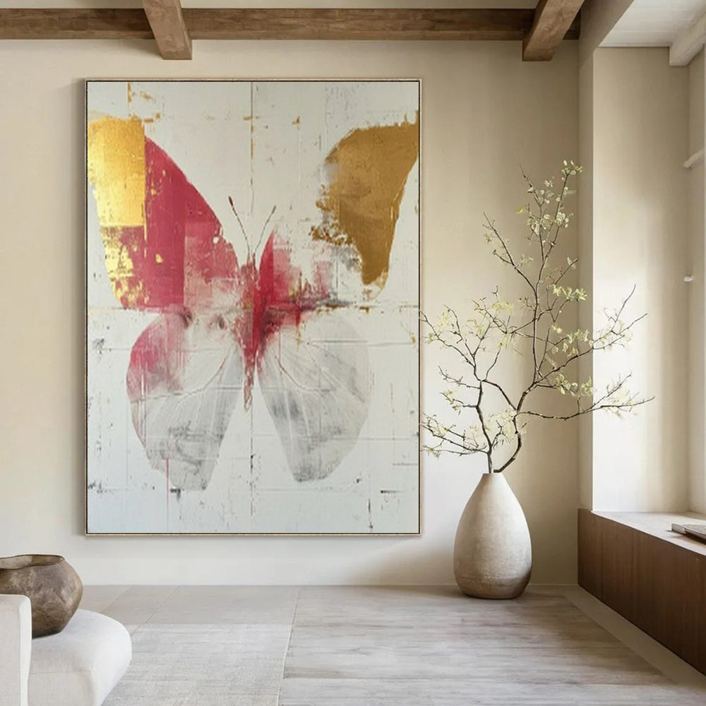 “Elegant Red - Gold Butterfly” - Red, Gold & White Butterfly Painting On Canvas CT2207