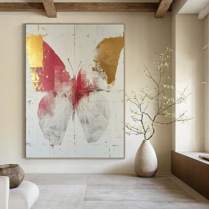 “Elegant Red - Gold Butterfly” - Red, Gold & White Butterfly Painting On Canvas CT2207