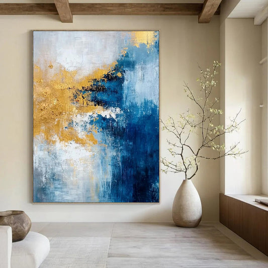 “Blue, Gold, White Colliding Waves” – Vibrant Abstract Art CT1009