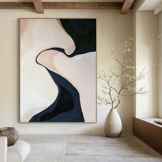 “Abstract Curved Forms in Beige and Dark Blue” - Organic - Inspired Painting On Canvas DKH1120