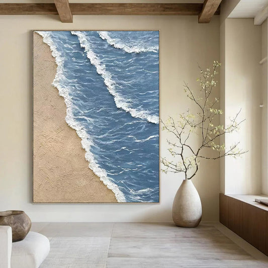 “Blue, White, Beige Textured Shore ‘Serene Coastline’” - Impasto Beach Painting On Canvas DTP333