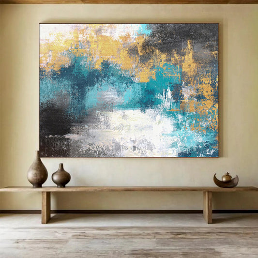 “Teal and Gold Abstract - Textured Blue - Greens and Shimmering Golds” Painting On Canvas DKH004