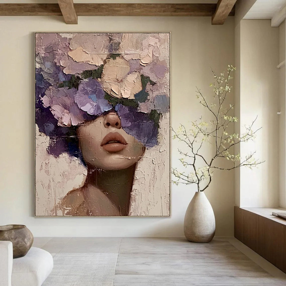“Purple, Pink, Beige Floral Face ‘Blossom Beauty’” - Textured Figurative Painting On Canvas DTP329