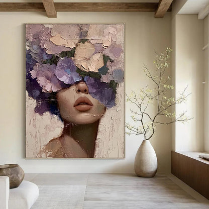 “Purple, Pink, Beige Floral Face ‘Blossom Beauty’” - Textured Figurative Painting On Canvas DTP329