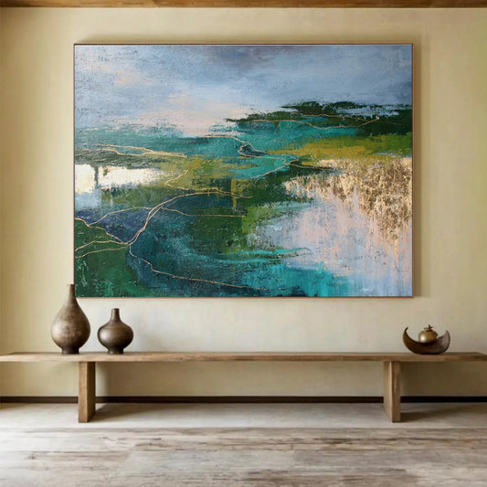 Green and Blue Abstract Landscape with Gold “Mystic Nature’s Pathways” Painting On Canvas DKH129