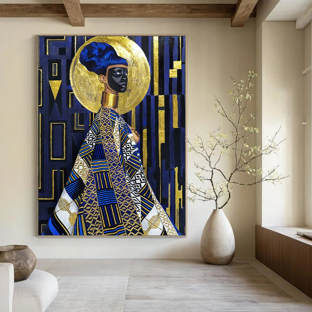 “Regal Blue & Gold Figure” - Afro - Centric Inspired Portrait Painting On Canvas DKH1624